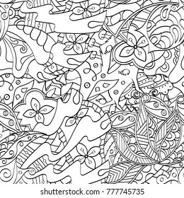 Tracery seamless pattern. Mehndi design. Ethnic monochrome binary doodle texture. Curved doodling black and white background. Vector