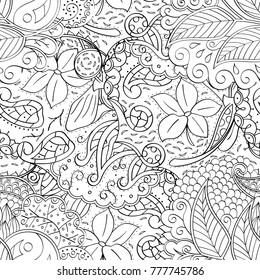 Tracery seamless pattern. Mehndi design. Ethnic monochrome binary doodle texture. Curved doodling black and white background. Vector