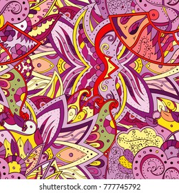Tracery seamless pattern. Mehndi design. Ethnic colorful doodle texture. Curved doodling background. Vector