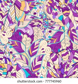 Tracery seamless pattern. Mehndi design. Ethnic colorful doodle texture. Curved doodling background. Vector