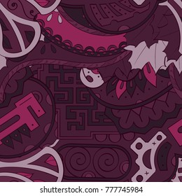 Tracery seamless pattern. Mehndi design. Ethnic colorful doodle texture. Curved doodling background. Vector