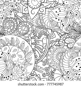 Tracery seamless pattern. Mehndi design. Ethnic monochrome binary doodle texture. Curved doodling black and white background. Vector