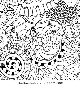 Tracery seamless pattern. Mehndi design. Ethnic monochrome binary doodle texture. Curved doodling black and white background. Vector