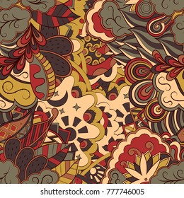 Tracery seamless pattern. Mehndi design. Ethnic colorful doodle texture. Curved doodling background. Vector