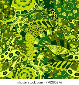 Tracery seamless pattern. Mehndi design. Ethnic colorful doodle texture. Curved doodling background. Vector