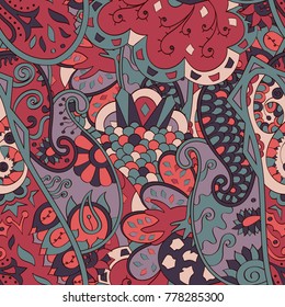 Tracery seamless pattern. Mehndi design. Ethnic colorful doodle texture. Curved doodling background. Vector