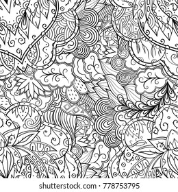 Tracery seamless pattern. Mehndi design. Ethnic monochrome binary doodle texture. Curved doodling black and white background. Vector