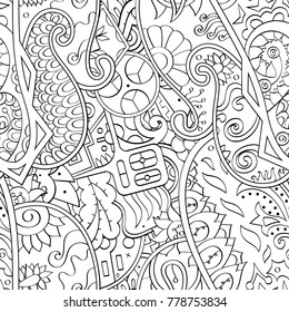 Tracery seamless pattern. Mehndi design. Ethnic monochrome binary doodle texture. Curved doodling black and white background. Vector