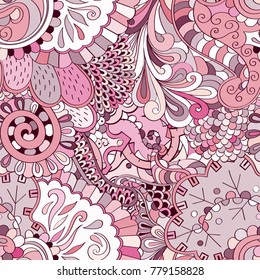 Tracery seamless pattern. Mehndi design. Ethnic colorful doodle texture. Curved doodling background. Vector