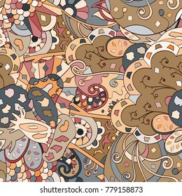Tracery seamless pattern. Mehndi design. Ethnic colorful doodle texture. Curved doodling background. Vector