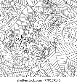 Tracery seamless pattern. Mehndi design. Ethnic monochrome binary doodle texture. Curved doodling black and white background. Vector