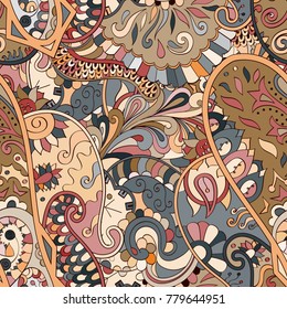 Tracery seamless pattern. Mehndi design. Ethnic colorful doodle texture. Curved doodling background. Vector