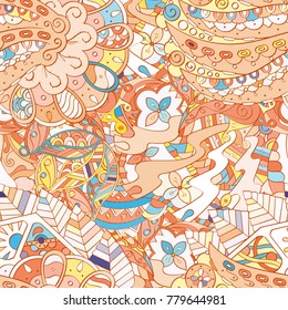 Tracery seamless pattern. Mehndi design. Ethnic colorful doodle texture. Curved doodling background. Vector