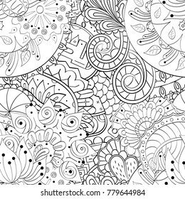 Tracery seamless pattern. Mehndi design. Ethnic monochrome binary doodle texture. Curved doodling black and white background. Vector