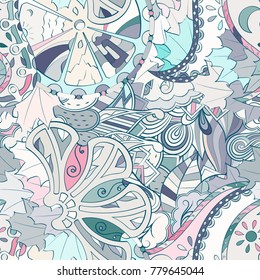 Tracery seamless pattern. Mehndi design. Ethnic colorful doodle texture. Curved doodling background. Vector