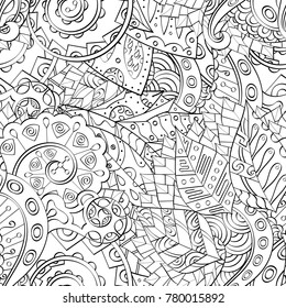 Tracery seamless pattern. Mehndi design. Ethnic monochrome binary doodle texture. Curved doodling black and white background. Vector