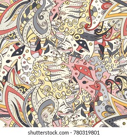 Tracery seamless pattern. Mehndi design. Ethnic colorful doodle texture. Curved doodling background. Vector