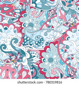 Tracery seamless pattern. Mehndi design. Ethnic colorful doodle texture. Curved doodling background. Vector