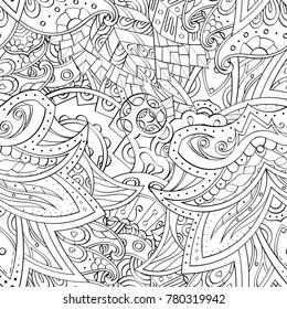 Tracery seamless pattern. Mehndi design. Ethnic monochrome binary doodle texture. Curved doodling black and white background. Vector