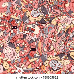 Tracery seamless pattern. Mehndi design. Ethnic colorful doodle texture. Curved doodling background. Vector