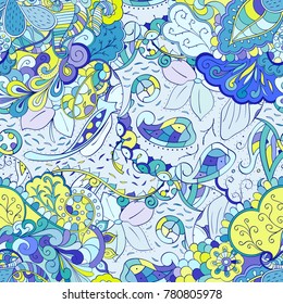 Tracery seamless pattern. Mehndi design. Ethnic colorful doodle texture. Curved doodling background. Vector