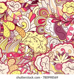 Tracery seamless pattern. Mehndi design. Ethnic colorful doodle texture. Curved doodling background. Vector