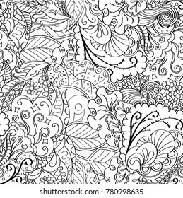 Tracery seamless pattern. Mehndi design. Ethnic monochrome binary doodle texture. Curved doodling black and white background. Vector