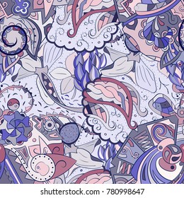 Tracery seamless pattern. Mehndi design. Ethnic colorful doodle texture. Curved doodling background. Vector
