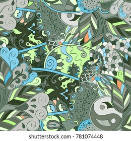 Tracery seamless pattern. Mehndi design. Ethnic colorful doodle texture. Curved doodling background. Vector