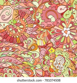 Tracery seamless pattern. Mehndi design. Ethnic colorful doodle texture. Curved doodling background. Vector