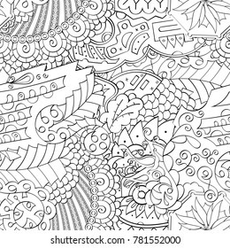 Tracery seamless pattern. Mehndi design. Ethnic monochrome binary doodle texture. Curved doodling black and white background. Vector