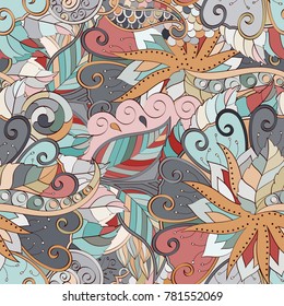 Tracery seamless pattern. Mehndi design. Ethnic colorful doodle texture. Curved doodling background. Vector