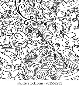 Tracery seamless pattern. Mehndi design. Ethnic monochrome binary doodle texture. Curved doodling black and white background. Vector
