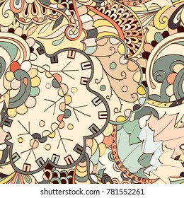 Tracery seamless pattern. Mehndi design. Ethnic colorful doodle texture. Curved doodling background. Vector