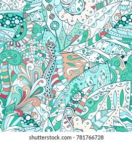 Tracery seamless pattern. Mehndi design. Ethnic colorful doodle texture. Curved doodling background. Vector