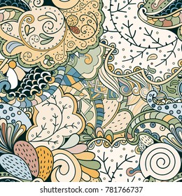 Tracery seamless pattern. Mehndi design. Ethnic colorful doodle texture. Curved doodling background. Vector