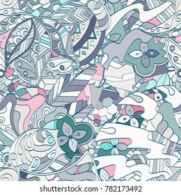 Tracery seamless pattern. Mehndi design. Ethnic colorful doodle texture. Curved doodling background. Vector