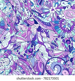 Tracery seamless pattern. Mehndi design. Ethnic colorful doodle texture. Curved doodling background. Vector