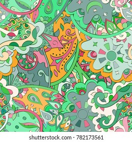 Tracery seamless pattern. Mehndi design. Ethnic colorful doodle texture. Curved doodling background. Vector