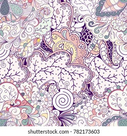 Tracery seamless pattern. Mehndi design. Ethnic colorful doodle texture. Curved doodling background. Vector