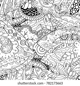 Tracery seamless pattern. Mehndi design. Ethnic monochrome binary doodle texture. Curved doodling black and white background. Vector