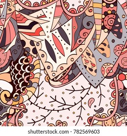 Tracery seamless pattern. Mehndi design. Ethnic colorful doodle texture. Curved doodling background. Vector