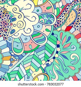 Tracery seamless pattern. Mehndi design. Ethnic colorful doodle texture. Curved doodling background. Vector