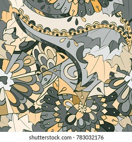 Tracery seamless pattern. Mehndi design. Ethnic colorful doodle texture. Curved doodling background. Vector