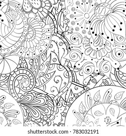 Tracery seamless pattern. Mehndi design. Ethnic monochrome binary doodle texture. Curved doodling black and white background. Vector