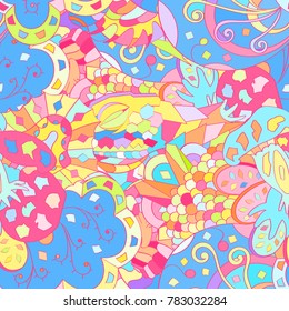 Tracery seamless pattern. Mehndi design. Ethnic colorful doodle texture. Curved doodling background. Vector