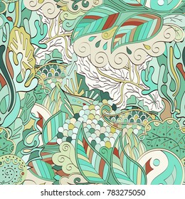 Tracery seamless pattern. Mehndi design. Ethnic colorful doodle texture. Curved doodling background. Vector