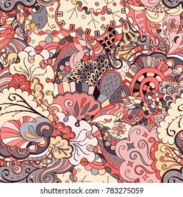 Tracery seamless pattern. Mehndi design. Ethnic colorful doodle texture. Curved doodling background. Vector