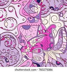 Tracery seamless pattern. Mehndi design. Ethnic colorful doodle texture. Curved doodling background. Vector