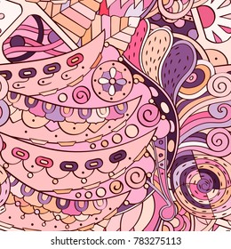Tracery seamless pattern. Mehndi design. Ethnic colorful doodle texture. Curved doodling background. Vector